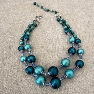 Vintage Japan Papier Mache Bead Choker: Blue AB Beads, Restrung